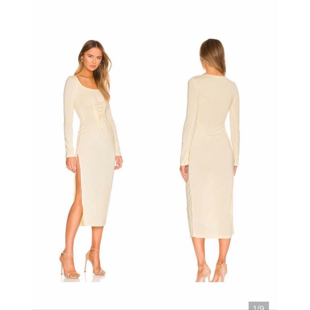 Song of Style | Revolve light yellow lace up stretch midi dress XL